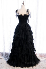 Homecoming Dress Chiffon, Black A-line Bow Tie Shoulder Ruffle-Layers Maxi Formal Dress
