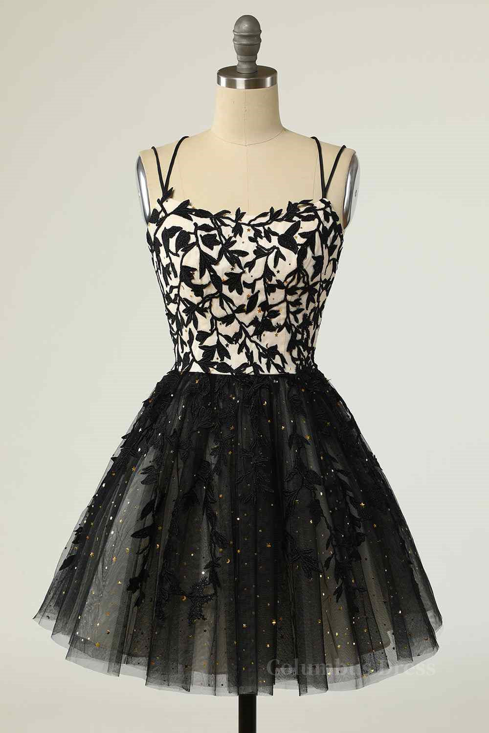 White Prom Dress, Black A-line Double Spaghetti Straps Lace-Up Applique Mini Homecoming Dress