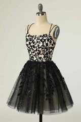 Party Dress Long Sleeve Mini, Black A-line Double Spaghetti Straps Lace-Up Applique Mini Homecoming Dress