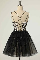 Glam Dress, Black A-line Double Spaghetti Straps Lace-Up Applique Mini Homecoming Dress