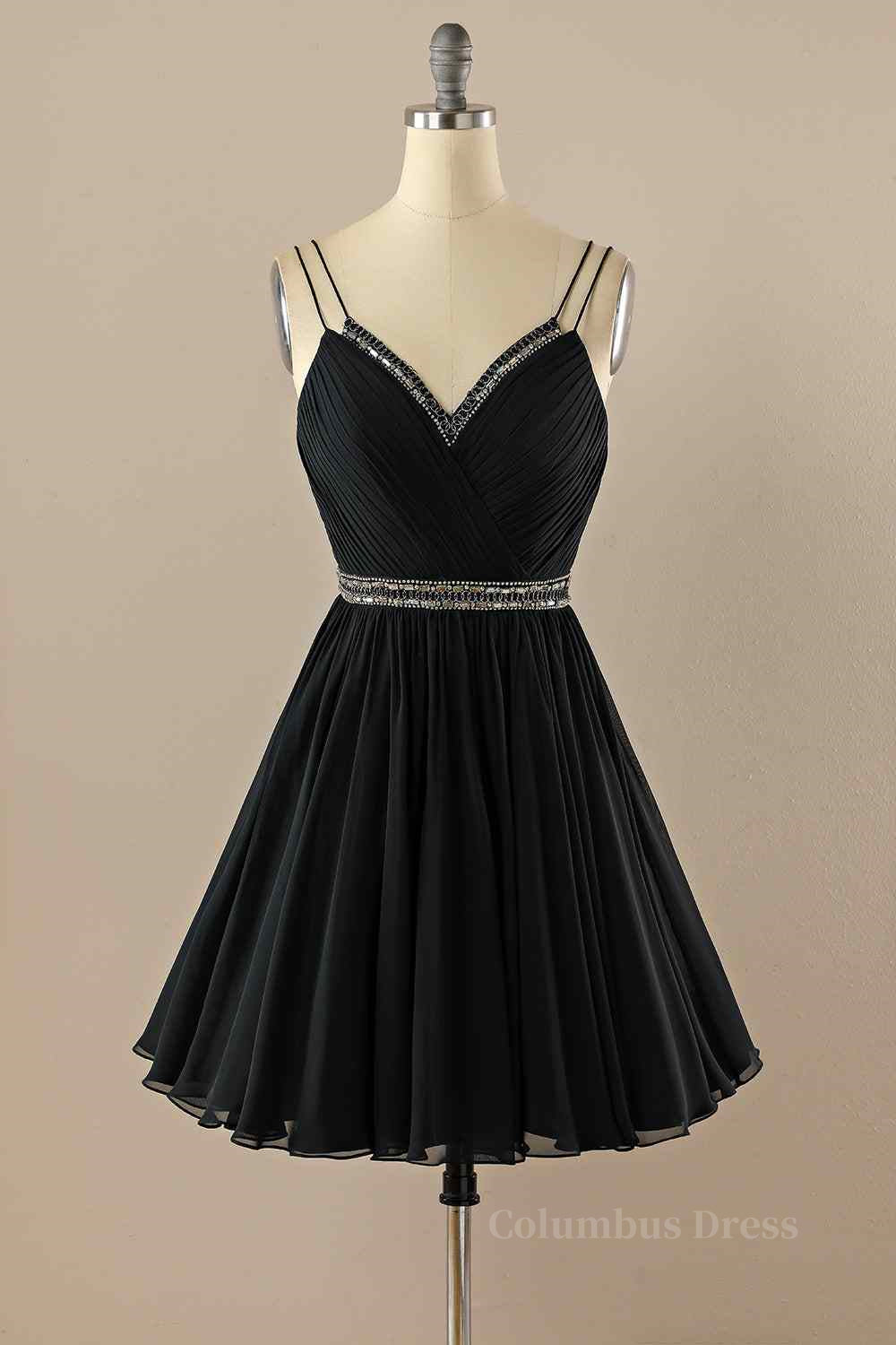 Prom Inspo, Black A-line Double Straps Pleated Beaded Chiffon Mini Homecoming Dress