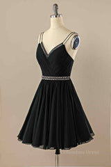 Debutant Dress, Black A-line Double Straps Pleated Beaded Chiffon Mini Homecoming Dress