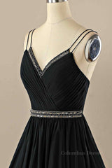 On Piece Dress, Black A-line Double Straps Pleated Beaded Chiffon Mini Homecoming Dress