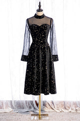Evening Dresses Online Shop, Black A-line Illusion Neck Long Sleeves Print Midi Formal Dress