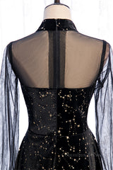 Evening Dress Stunning, Black A-line Illusion Neck Long Sleeves Print Midi Formal Dress