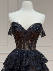 Evening Dress Mermaid, Black A-Line Sequin Tulle Short Prom Dress, Black Homecoming Dress