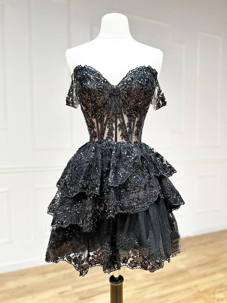 Evening Dresses Cocktail, Black A-Line Sequin Tulle Short Prom Dress, Black Homecoming Dress
