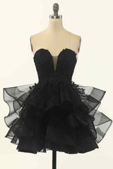 Formal Dresses For Weddings, Black A-line Strapless V Neck Applique Multi-Layers Mini Homecoming Dress