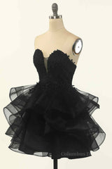 Formal Dress Outfits, Black A-line Strapless V Neck Applique Multi-Layers Mini Homecoming Dress