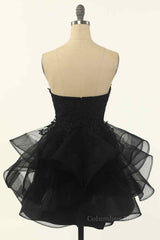 Formal Dresses Lace, Black A-line Strapless V Neck Applique Multi-Layers Mini Homecoming Dress
