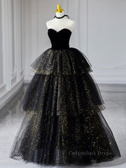 Prom Dresses Gold, Black  A-Line Tulle Shiny Tulle Long Prom Dress, Black Tulle Formal Dresses