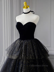 Dress, Black  A-Line Tulle Shiny Tulle Long Prom Dress, Black Tulle Formal Dresses