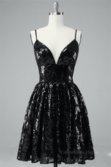 Formal Dresses Fall, Black A-line V Neck Lace-Up Back Sequins-Embroidered Mini Dress
