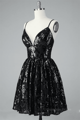 Formal Dresses Size 16, Black A-line V Neck Lace-Up Back Sequins-Embroidered Mini Dress
