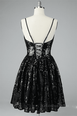 Formal Dresses With Tulle, Black A-line V Neck Lace-Up Back Sequins-Embroidered Mini Dress