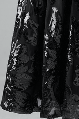 Formal Dresses Homecoming, Black A-line V Neck Lace-Up Back Sequins-Embroidered Mini Dress