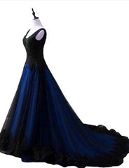 Black Wedding Dress, Black and Blue V-neckline Lace Applique Long Formal Dress, Black and Blue Prom Dress