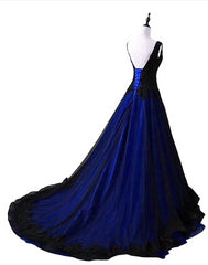 Blue Prom Dress, Black and Blue V-neckline Lace Applique Long Formal Dress, Black and Blue Prom Dress