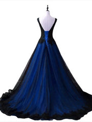 Evening Gown, Black and Blue V-neckline Lace Applique Long Formal Dress, Black and Blue Prom Dress