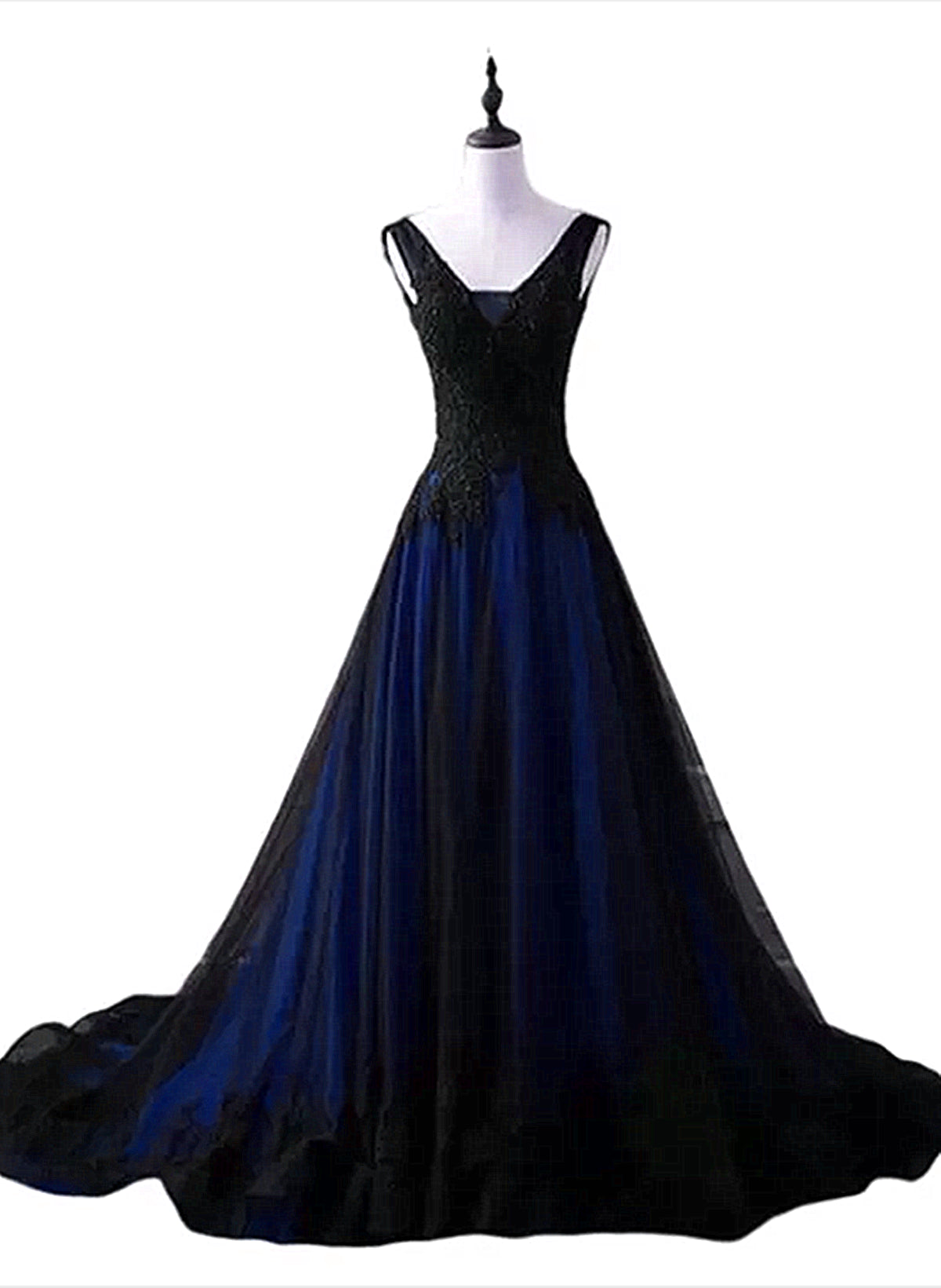 Mini Dress, Black and Blue V-neckline Lace Applique Long Formal Dress, Black and Blue Prom Dress