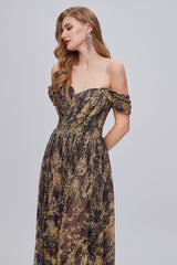 Dinner Dress, Black and Brown Floral Print Off-the-Shoulder A-Line Long Prom Dress