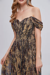 Mermaid Prom Dress, Black and Brown Floral Print Off-the-Shoulder A-Line Long Prom Dress