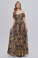 Satin Prom Dress, Black and Brown Floral Print Off-the-Shoulder A-Line Long Prom Dress