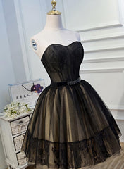 Bridesmaid Dresses Online, Black and Champagne Tulle Sweetheart Lace Short Party Dress, Tulle Homecoming Dresses