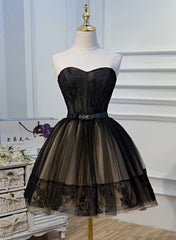 Bridesmaid Dresses Ideas, Black and Champagne Tulle Sweetheart Lace Short Party Dress, Tulle Homecoming Dresses