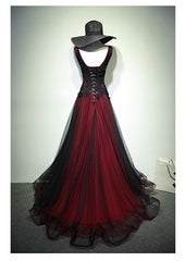 Party Dress Styling Ideas, Black and Red Tulle V-neckline Beaded Lace Long Party Dress,A-line Formal Evening Dresses