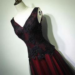 Party Dresses Shorts, Black and Red Tulle V-neckline Beaded Lace Long Party Dress,A-line Formal Evening Dresses