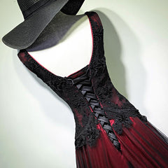 Party Dress Classy, Black and Red Tulle V-neckline Beaded Lace Long Party Dress,A-line Formal Evening Dresses