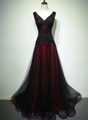 Bridesmaids Dresses Satin, Black and Tulle V-neckline Beaded Lace Long Party Dress, A-line Prom Dress Evening Dresses