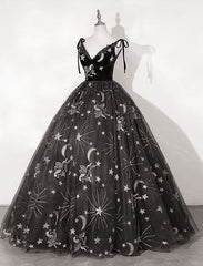 Bridesmaids Dress Under 107, Black Ball Gown Floral V-neckline Straps Sweet 16 Dress, Black Tulle Formal Dress