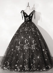 Bridesmaids Dresses Under 107, Black Ball Gown Floral V-neckline Straps Sweet 16 Dress, Black Tulle Formal Dress