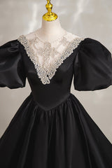 Party Dresses White, Black Ball Gown with Beaded, Black Short Sleeve Formal Evening Dress