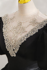 Party Dress In White, Black Ball Gown with Beaded, Black Short Sleeve Formal Evening Dress