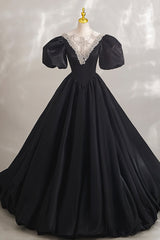 Party Dress Classy Christmas, Black Ball Gown with Beaded, Black Short Sleeve Formal Evening Dress