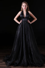 Cocktail Party Outfit, Black Halter Deep V neck Backless Tulle Floro Length Prom Dresses