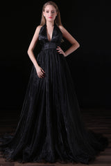 Classy Gown, Black Halter Deep V neck Backless Tulle Floro Length Prom Dresses
