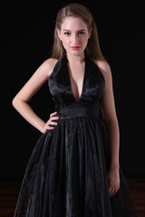 Dress Casual, Black Halter Deep V neck Backless Tulle Floro Length Prom Dresses