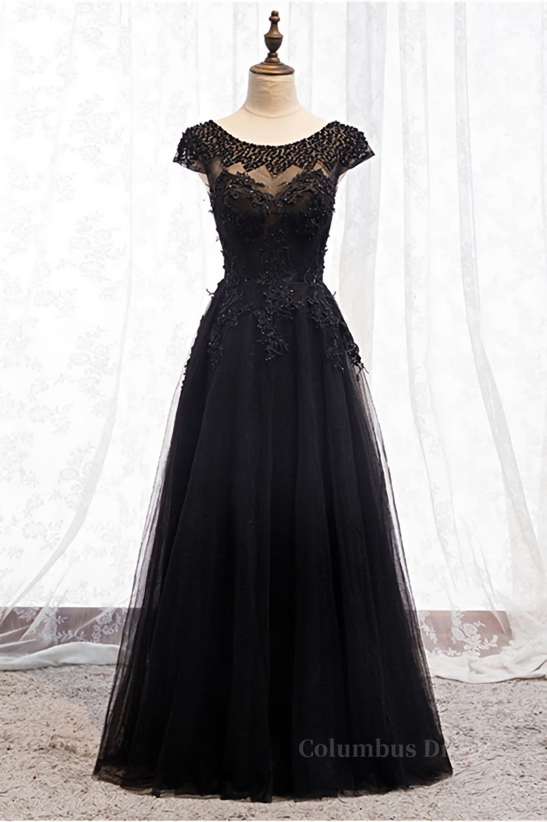 Homecoming Dress Styles, Black Illusion Scoop Neck Cap Sleeves Beaded Appliques Maxi Formal Dress