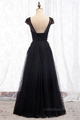 Homecoming Dresses Red, Black Illusion Scoop Neck Cap Sleeves Beaded Appliques Maxi Formal Dress