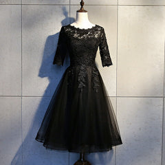 Bridesmaid Dresses With Sleeves, Black Lace and Tulle Short Sleeves Party Dresses Formal Dress, Black Homecoming Dresses