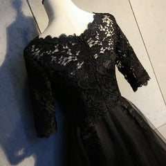 Bridesmaid Dresses 2031, Black Lace and Tulle Short Sleeves Party Dresses Formal Dress, Black Homecoming Dresses