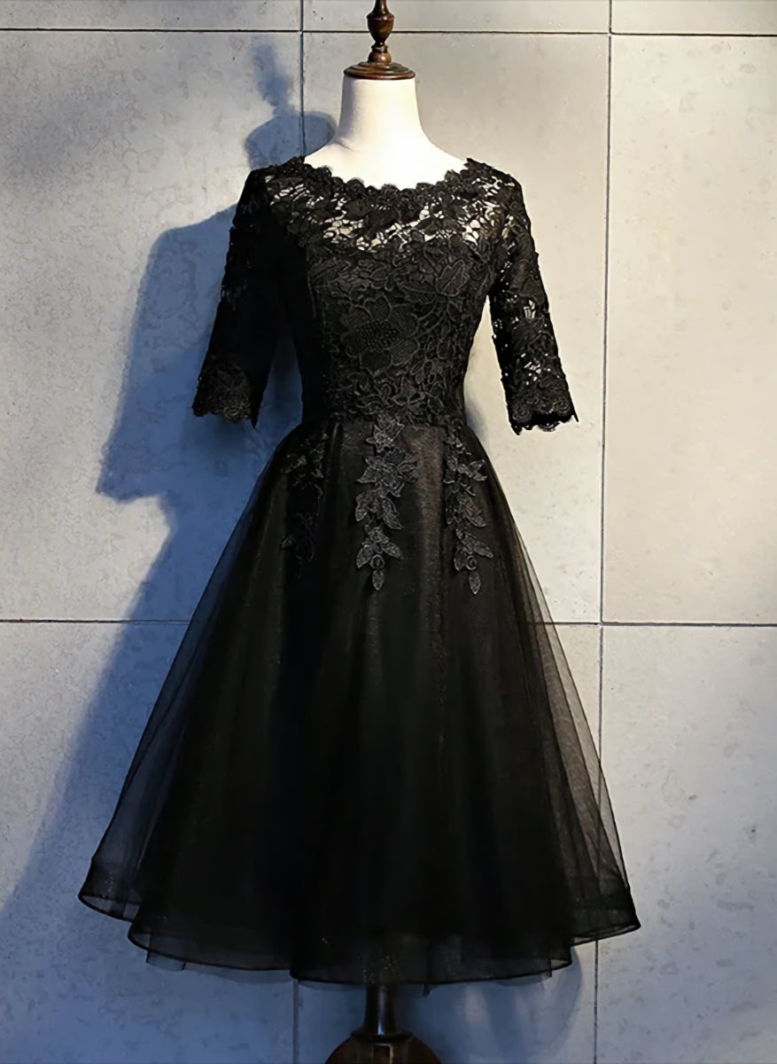 Bridesmaid Dresses Summer, Black Lace and Tulle Short Sleeves Party Dresses Formal Dress, Black Homecoming Dresses