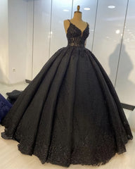 Wedding Dresses Sleeves, Black lace ball gown dresses for wedding , spaghetti straps prom dress