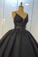Wedding Dresses Chic, Black lace ball gown dresses for wedding , spaghetti straps prom dress