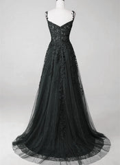 Bridesmaid Dress Chiffon, Black Lace Straps Beaded A-line Prom Dress Party Dress, Black Floor Length Formal Dress