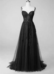Bridesmaid Dress Tulle, Black Lace Straps Beaded A-line Prom Dress Party Dress, Black Floor Length Formal Dress